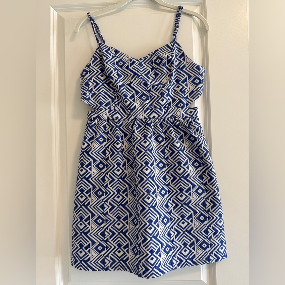 American Eagle Outfitters Structured Blue and White Pattern Cut-Out Mini Dress